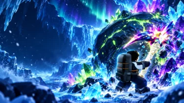 南極の氷洞で光るツルハシを使い巨石を採掘するMine Antarcticaの冒険者